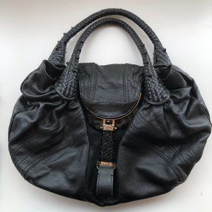 FENDI SPY BAG HOBO BLACK LEATHER ZUCCA LINING AUTH